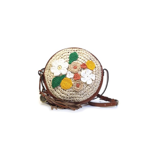 NEW PATRICIA NASH Crossbody Bag Raffia w/ Crochet Flowers Brown Leather - Picture 7 of 7